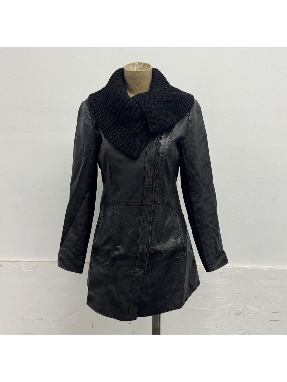 Vintage Black Knit Funnel Neck Longline Avant Garde Leather Jacket